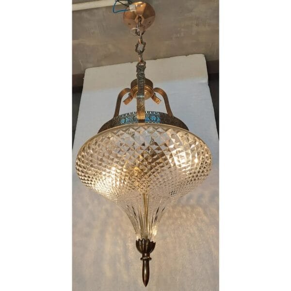 Vintage Art Nouveau Ceiling Fixture in Brass & Crystal Cut Glass