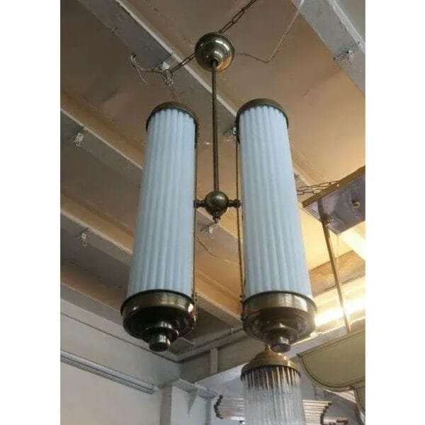 Vintage Art Deco Skyscraper Hanging Chandelier Fixture in Brass & Milk Glass