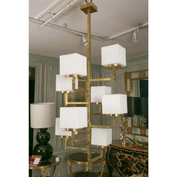 Vintage Art Deco Brass Chandelier 8 Light Cubic Shape Milk Glass Shades