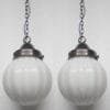 Pair of Vintage Art Deco Brass Hanging Pendant Light Ribbed Milk Glass Shade Lamp