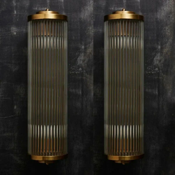 Vintage Art Deco Skyscraper Rod Ship Light Wall Sconces Fixture in Brass & Glass – a Pair