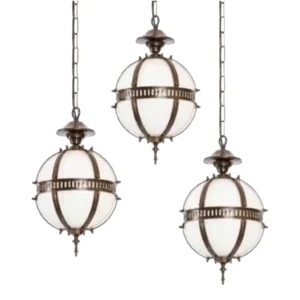 3 Piece Set Vintage Art Deco Brass Hanging Pendant Light Milk Glass Shade