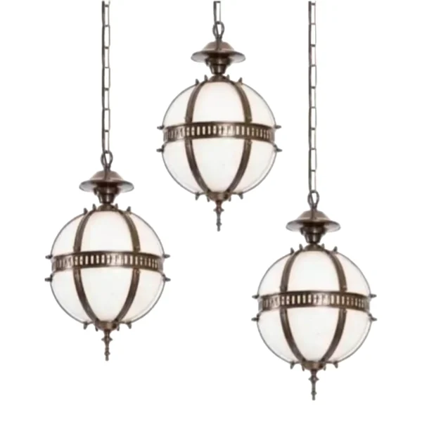 3 Piece Set Vintage Art Deco Brass Hanging Pendant Light Milk Glass Shade