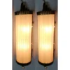 Pair Vintage Art Deco Skyscraper Wall Sconces Fixture Brass Lamp; Frosted Ribbed Glass Rod Ship Light