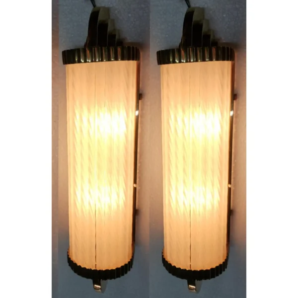 Pair Vintage Art Deco Skyscraper Wall Sconces Fixture Brass Lamp; Frosted Ribbed Glass Rod Ship Light
