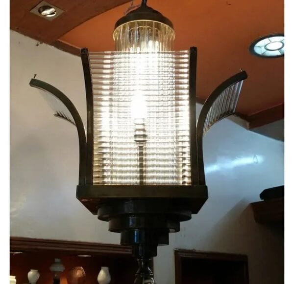 Vintage Art Deco Skyscraper Rod Ship Chandelier Fixture in Brass & Glass