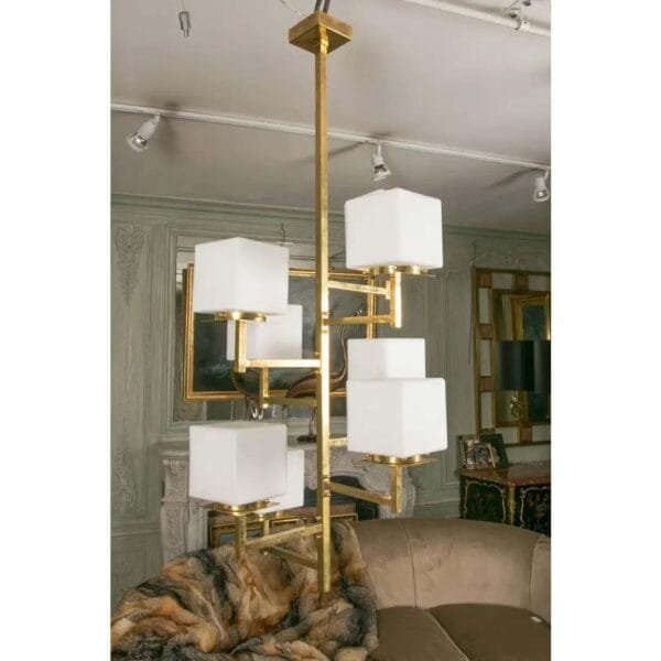 Vintage Art Deco Brass Chandelier 8 Light Cubic Shape Milk Glass Shades