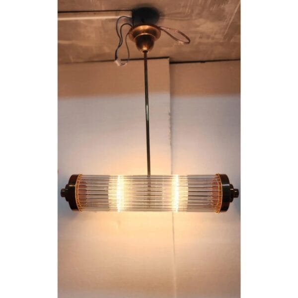 Vintage Art Deco Hanging Chandelier in Brass & Glass Rod Ship Light