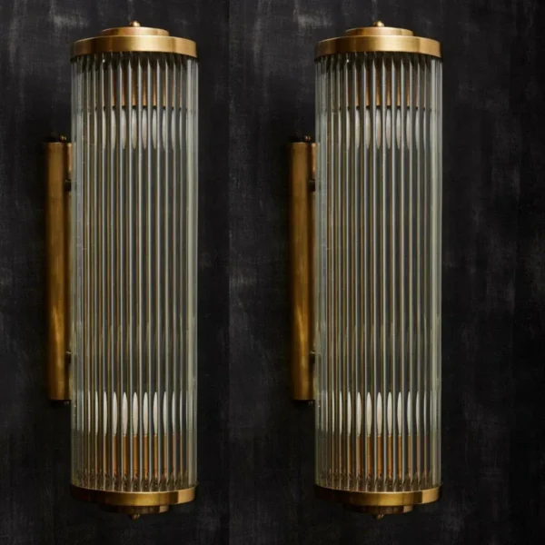 Vintage Art Deco Skyscraper Rod Ship Light Wall Sconces Fixture in Brass & Glass – a Pair