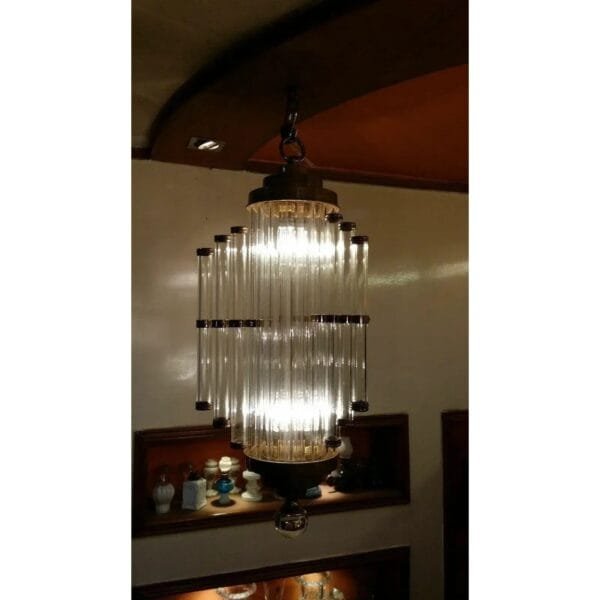 Vintage Art Deco Skyscraper Rod Ship Light Hanging Chandelier in Brass & Glass
