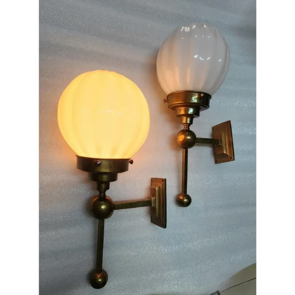 Pair Vintage Art Deco Wall Sconces in Brass & Ribbed Milk Glass Shade Ship Light