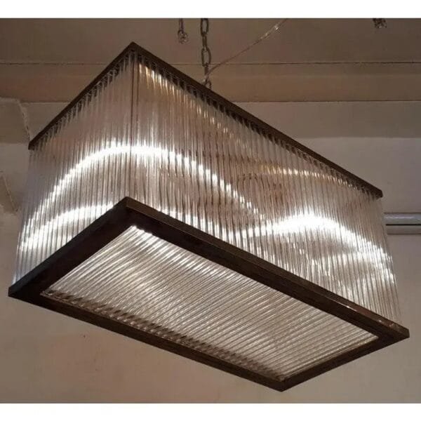 Vintage Art Deco Rod Ship Chandelier Fixture in Brass & Glass