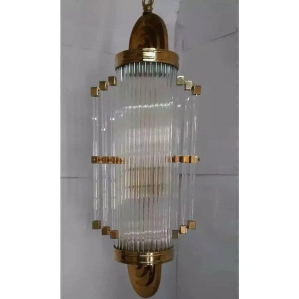 Vintage Art Deco Skyscraper Rod Ship Chandelier in Brass & Glass