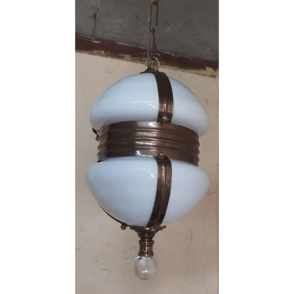 Vintage Art Deco Brass Hanging Light with Milk Glass Shade