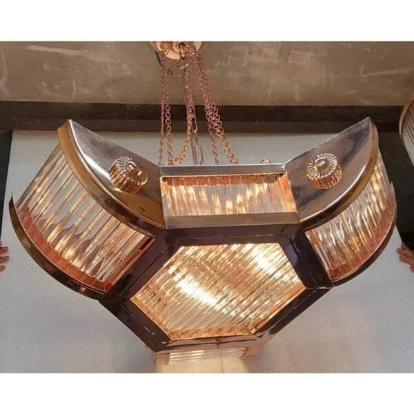 Vintage Art Deco Skyscraper Rod Ship Chandelier in Copper & Glass