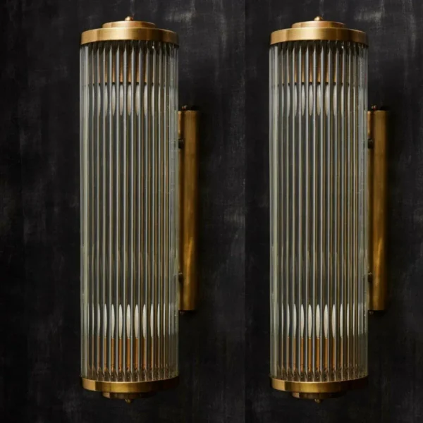 Vintage Art Deco Skyscraper Rod Ship Light Wall Sconces Fixture in Brass & Glass – a Pair