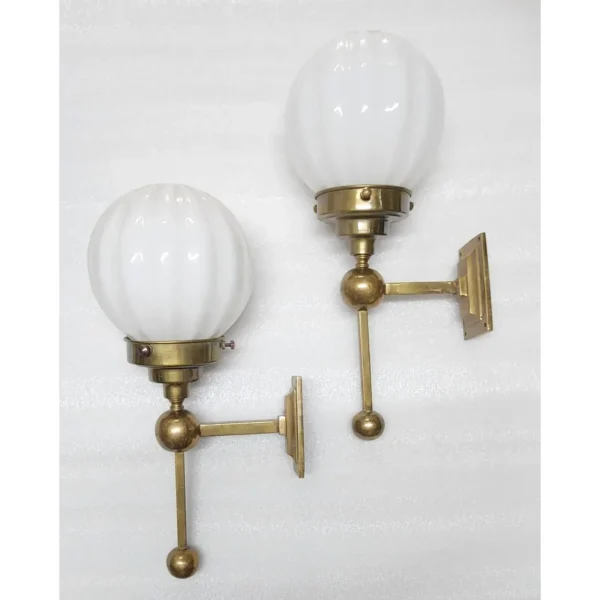 Pair Vintage Art Deco Wall Sconces in Brass & Ribbed Milk Glass Shade Ship Light