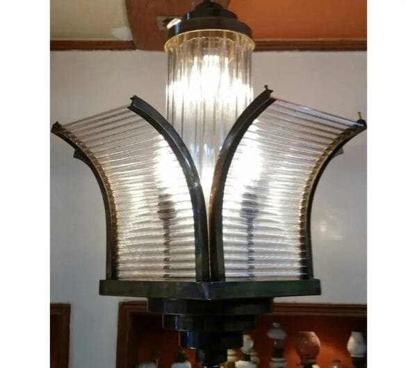 Vintage Art Deco Skyscraper Rod Ship Chandelier Fixture in Brass & Glass