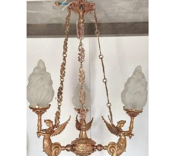 Vintage Art Deco Nouveau Mermaid Chandelier in Brass & Glass