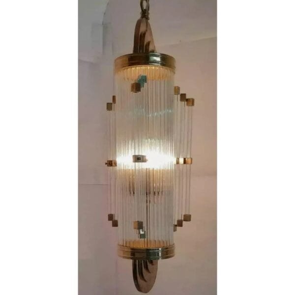 Vintage Art Deco Skyscraper Rod Ship Chandelier in Brass & Glass