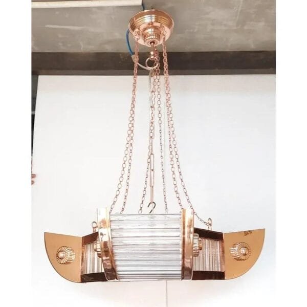 Vintage Art Deco Skyscraper Rod Ship Chandelier in Copper & Glass