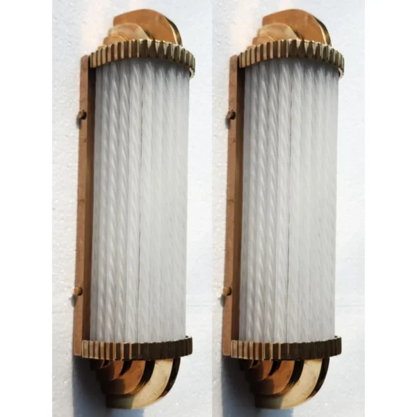 Pair Vintage Art Deco Skyscraper Wall Sconces Fixture Brass Lamp; Frosted Ribbed Glass Rod Ship Light