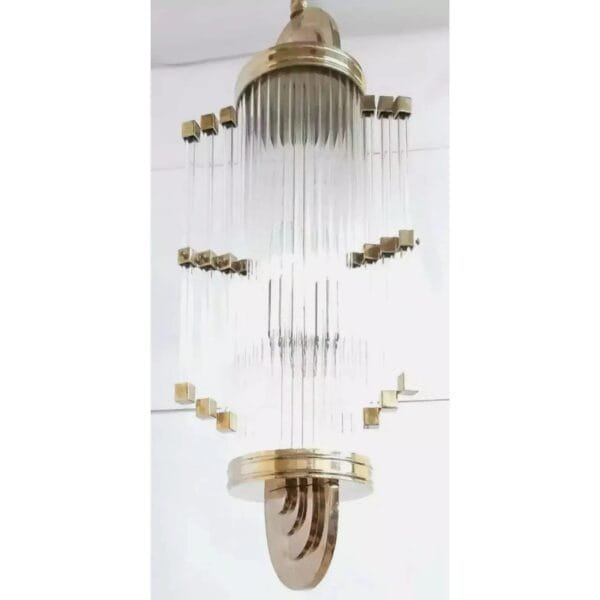 Vintage Art Deco Skyscraper Rod Ship Chandelier in Brass & Glass