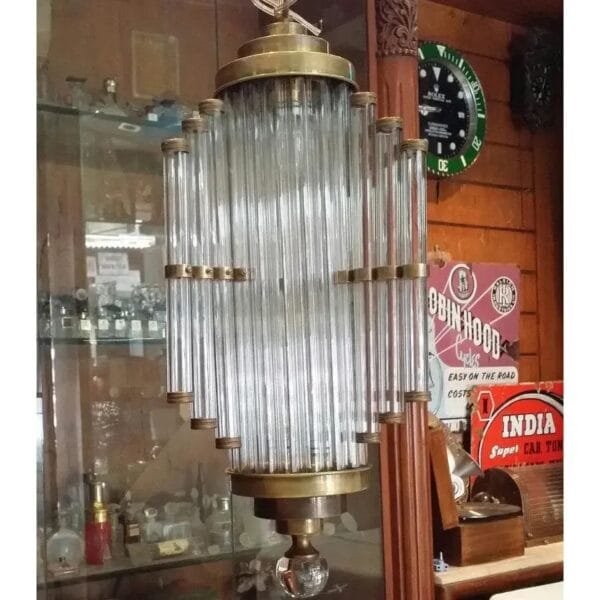 Vintage Art Deco Skyscraper Rod Ship Light Hanging Chandelier in Brass & Glass