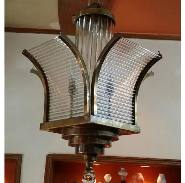 Vintage Art Deco Skyscraper Rod Ship Chandelier Fixture in Brass & Glass