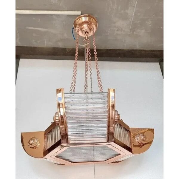 Vintage Art Deco Skyscraper Rod Ship Chandelier in Copper & Glass