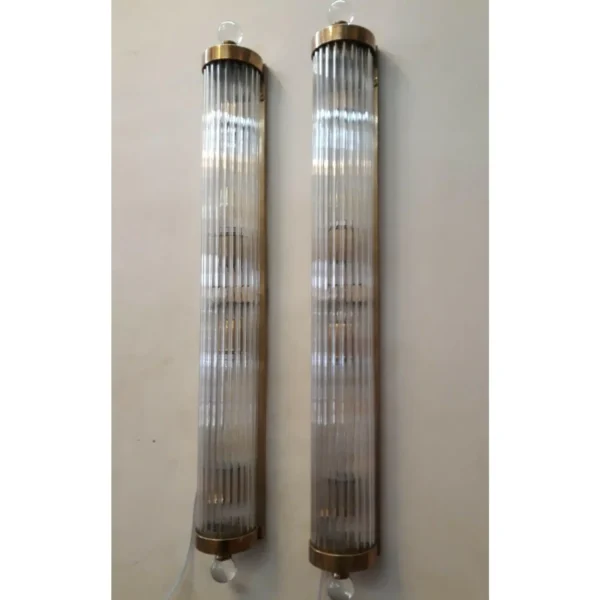 Large Size Pair Vintage Art Deco 4 Light Wall Sconces Fixture Brass Lamp; Glass Rod Ship Light