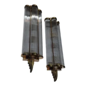 Large Size Pair Vintage Skyscraper Art Deco Wall Sconces in Brass & Glass Rod Ship Light