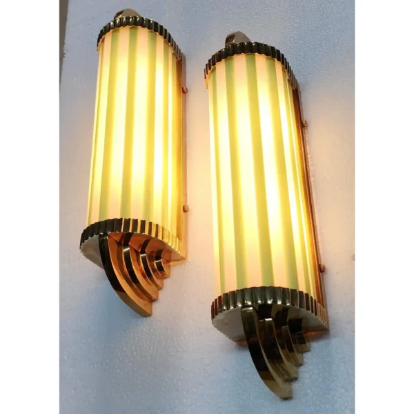 Skyscraper Art Deco Wall Sconces in Brass Milk & Opaline Green Glass Rod Ship Light