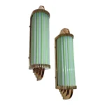 Skyscraper Art Deco Wall Sconces in Brass Milk & Opaline Green Glass Rod Ship Light