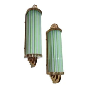 Skyscraper Art Deco Wall Sconces in Brass Milk & Opaline Green Glass Rod Ship Light
