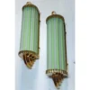 Skyscraper Art Deco Wall Sconces in Brass Milk & Opaline Green Glass Rod Ship Light