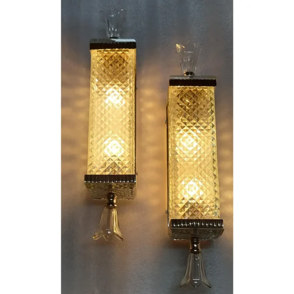 Pair Vintage Art Deco Skyscraper Wall Sconces Fixture in Nickel Brass Lamp; Diamond Cut Glass