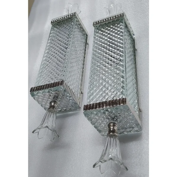 Pair Vintage Art Deco Skyscraper Wall Sconces Fixture in Nickel Brass Lamp; Diamond Cut Glass
