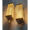 Pair Vintage Art Deco Skyscraper Wall Sconces Fixture in Nickel Brass Lamp; Diamond Cut Glass