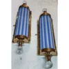 Pair of Vintage Art Deco Brass Lamp; Milk & Blue Glass Rod Wall Sconces Metro Light