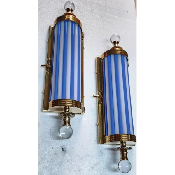 Pair of Vintage Art Deco Brass Lamp; Milk & Blue Glass Rod Wall Sconces Metro Light