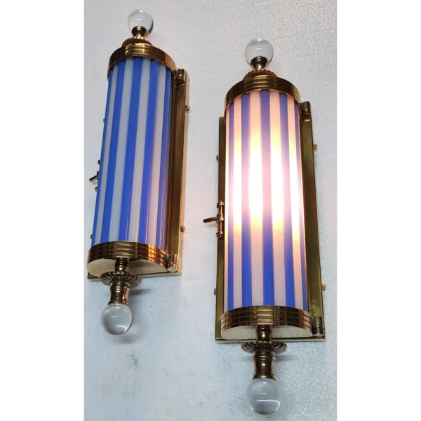 Pair of Vintage Art Deco Brass Lamp; Milk & Blue Glass Rod Wall Sconces Metro Light
