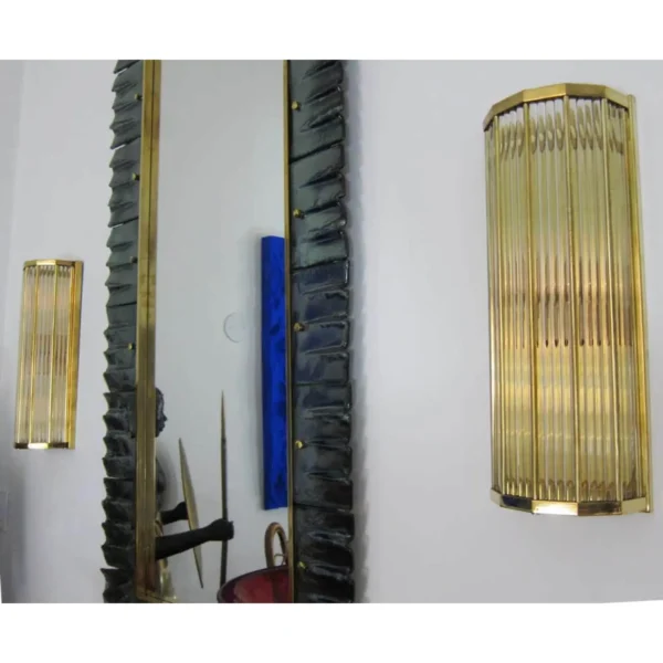 Pair of Vintage Art Deco Wall Sconces, Brass Lamp; Glass Rod Ship Light
