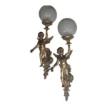 Pair of Vintage Art Nouveau Deco Cherub Wall Sconces Fixture Brass & Glass