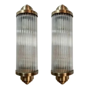 Pair Skyscraper Vintage 1940s Art Deco Lamp Wall Sconces Fixture Brass & Glass Rod Ship Light Antique