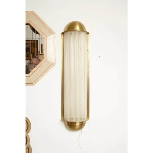 Pair Skyscraper Vintage Art Deco Wall Sconces in Brass Lamp; Frosted Glass Rods