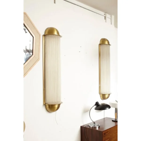 Pair Skyscraper Vintage Art Deco Wall Sconces in Brass Lamp; Frosted Glass Rods