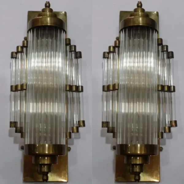 Pair Skyscraper Vintage Art Deco Wall Sconces Fixture Brass & Glass Rod Ship Light