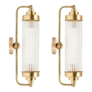 Pair Skyscraper Vintage Art Deco Wall Sconces Bankers Brass & Glass Rod Ship Light