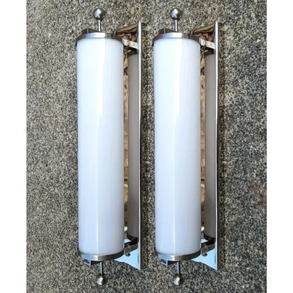 Pair Skyscraper Vintage Art Deco Wall Sconces in Nickel Brass Lamp; Milk Glass Tube Ship Light